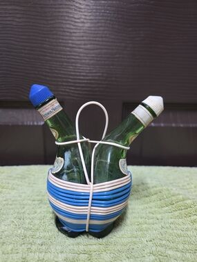 Vintage Chianti Italy Green Wine Glass Bottle Set with Blue Accents